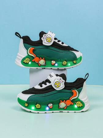 Zapatos deportivos de cuero transpirables con iluminación LED de ardilla de dibujos animados, adecuados para niños y niñas - Casual, amortiguación de impactos, antideslizante para todo el año para correr y caminar al aire libre