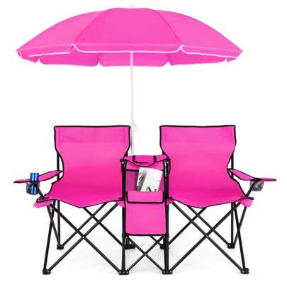 Folding Picnic Double Chair W/Umbrella Table Cooler Beach Camping Turquoise\Black\Red\Gray