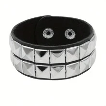 Studded Bracelet PU Leather Punk Bracelet For Men Women, 80s Wristband Goth Punk Rock Bracelet, Black/Silvery Punk Rock Style Two Rows Square Studs Faux Leather Bracelet Cuff Bangle Unisex Bracelets For Party Favors Accessories & Gift Halloween