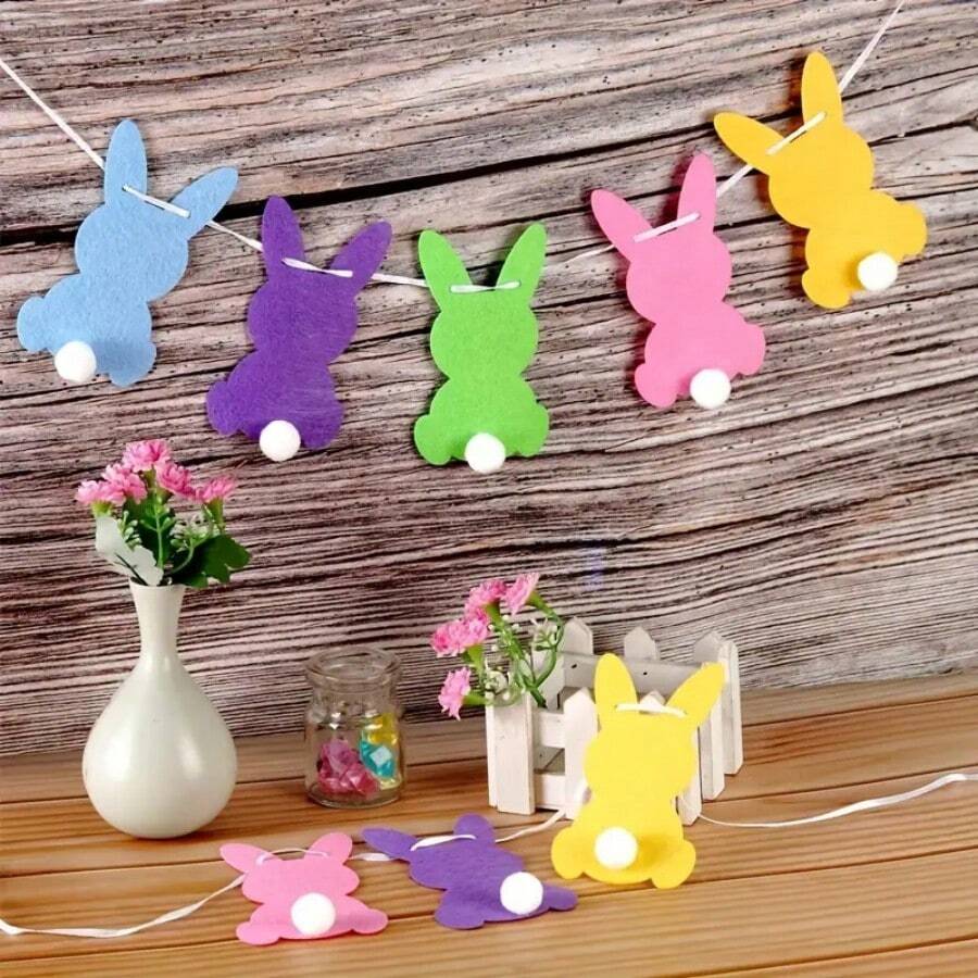 1 Set Easter Bunny Felt Garland Colorful Polyester Fiber Decorative Hanging Strings For Spring Themed Party, Family Yard, And Outdoor Easter - Multicolor - View 1