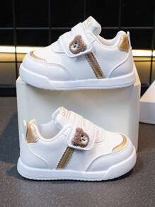 Lindo oso de punto de dibujos animados antideslizante PU suela blanda zapatos deportivos de los niños, los niños y las niñas de moda ligero y transpirable zapatos antideslizantes, gancho pegajoso y cierre de bucle de los niños ronda dedo del pie zapatos deportivos casuales, adecuado para adolescentes, niños, bebés, baloncesto, tenis, fútbol, deportes al aire libre y ocasiones casuales. - Dorado - Ver 3