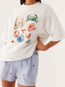 Women's Summer Casual Tops Short Sleeve Round Neck Seafood Print Loose Fit T-Shirt