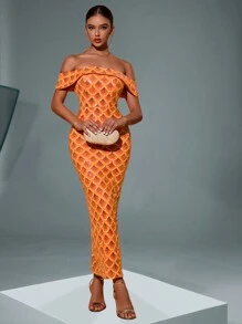 Fuaheng 女士露肩亮片露背高开衩连衣裙，优雅正式晚礼服，适合婚礼宾客、毕业典礼、晚宴礼服、长袍 - 橘色 - 查看 11