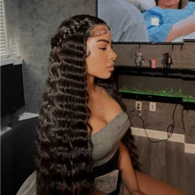 180% Deep Wave 5x5 Lace Closure Wigs Human Hair 40 Inches HD Transparent Lace Wigs Deep Curly Wig Human Hair Lace Front Wigs Pre Plucked With Baby Hair Lace Closure Wigs For Women 180% Density Natural Black Color