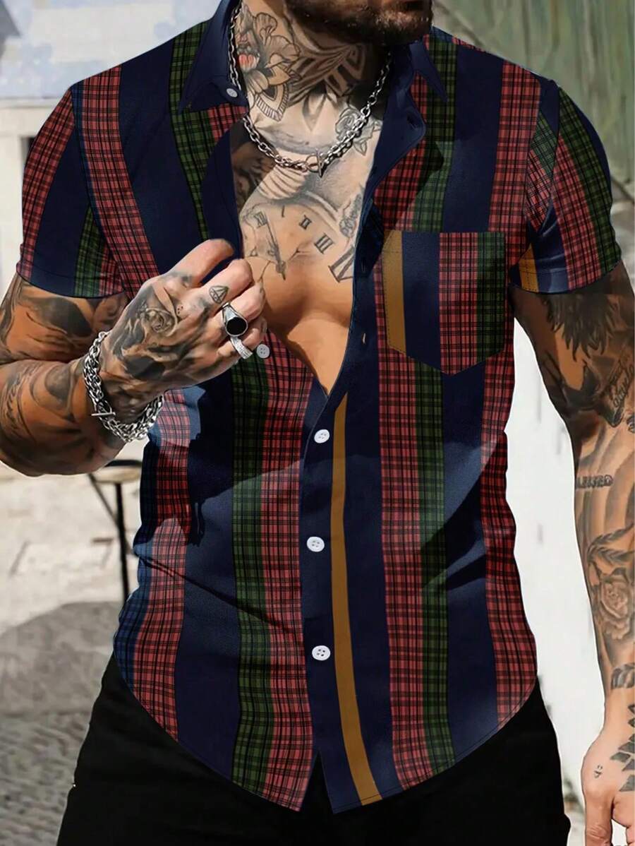 男士时尚休闲格子条纹短袖衬衫 - 彩色 - 查看 1