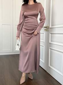 Women's Elegant Minimalist Round Neck Satin Pleated Long Sleeve Dress, Apparel For Spring & Autumn