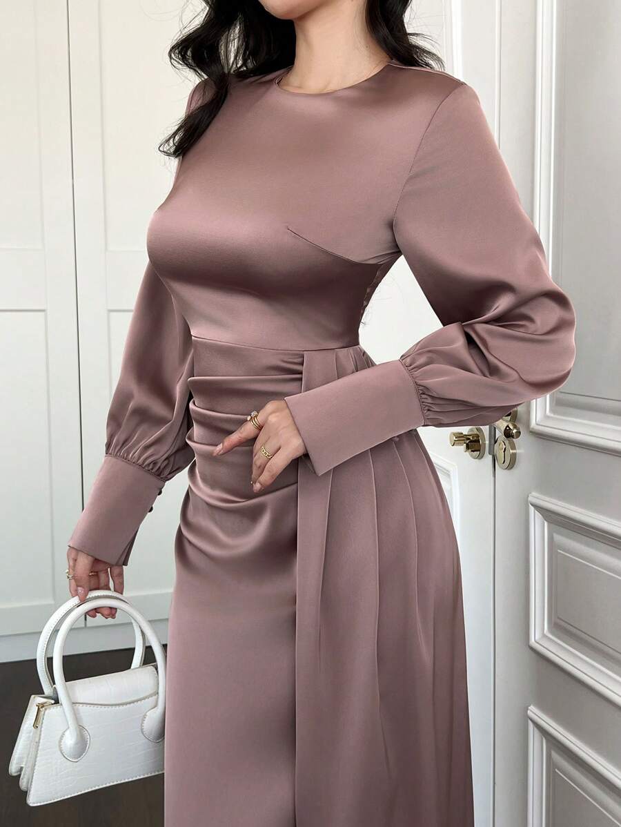 Women's Elegant Minimalist Round Neck Satin Pleated Long Sleeve Dress, Apparel For Spring & Autumn