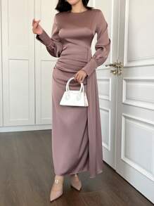 Women's Elegant Minimalist Round Neck Satin Pleated Long Sleeve Dress, Apparel For Spring & Autumn