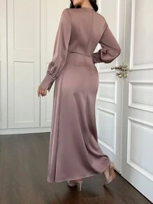 Women's Elegant Minimalist Round Neck Satin Pleated Long Sleeve Dress, Apparel For Spring & Autumn