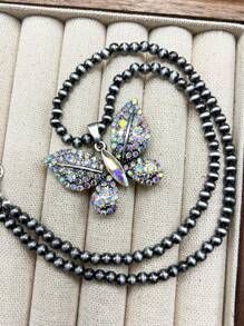 1 Set Vintage Western/Country Style Beaded CCB/Chain/Butterfly Pendant Necklace & Butterfly Drop Earrings, Suitable For Women/Girls To Accessorize Casual Outfits, Parties, Jewelry Gift For Family/Friends/Yourself