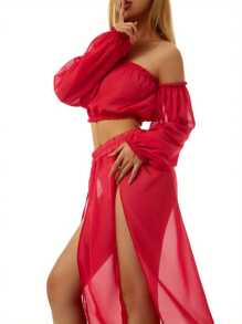 Womenacute;S Clothing Set, Long Sleeve Off Shoulder Tops And Cover Up Skirt Two-Piece Suit For Beach Vacation Travelling