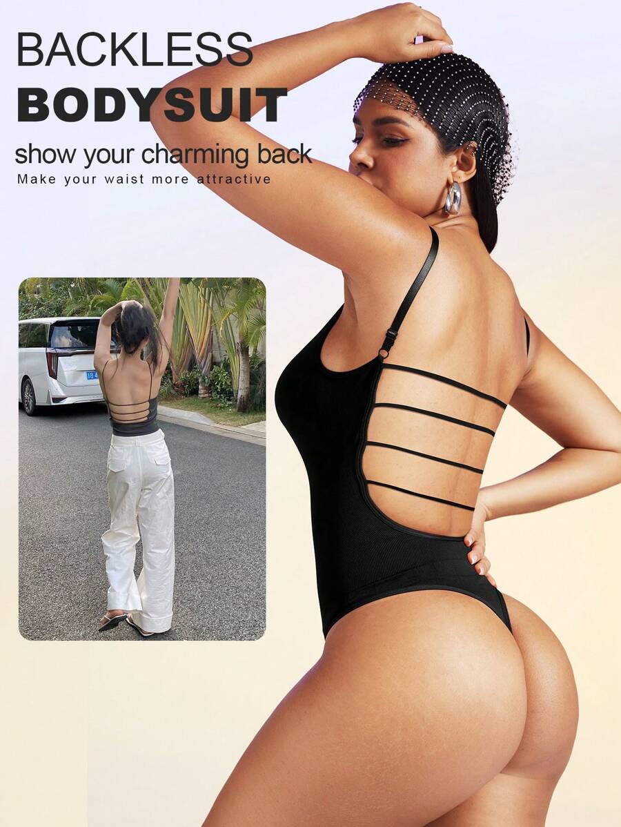 1pc Seamless Shapewear Jumpsuit With Back Cutout - Black - View 1
