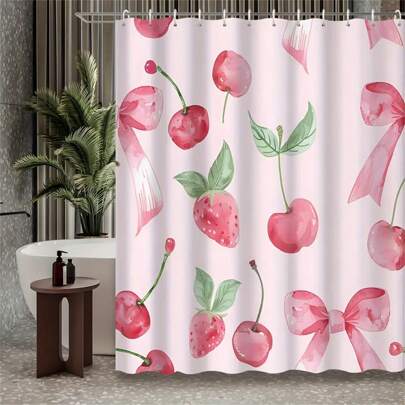 Watercolor Pink Cherry & Strawberry Print Shower Curtain, Waterproof Polyester Bath Curtain With 12 Hooks, Machine Washable, Grommet Top, Cartoon Fruit Pattern Water-Resistant Bathroom Accessory Home Bathroom Decor Fall Decor Bathroom Accessories Back To School