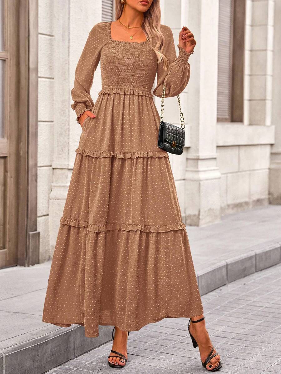 Valentine's Day  Women's Long-Sleeved Floor-Length Dress Casual Square Collar Layered Pleats Flowy Pocket Wedding Guest Dress