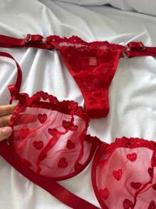 Lingerie Set With Underwire Bra And Panties GRINGA INTIMATE FASHION TULLE EMBROIDERED HEART - 紅色 - 查看 1