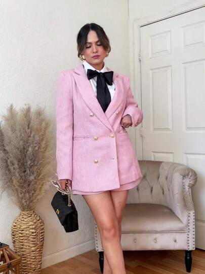 Women's Long Sleeve Tweed 2 Piece Blazer Shorts Double Breasted Business Suit Sets