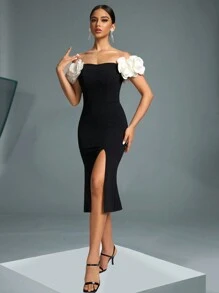 Fuaheng 花瓣袖收腰紧身连衣裙，黑色优雅开衩派对晚会鸡尾酒会服装，婚礼宾客礼服，舞会礼服，校服