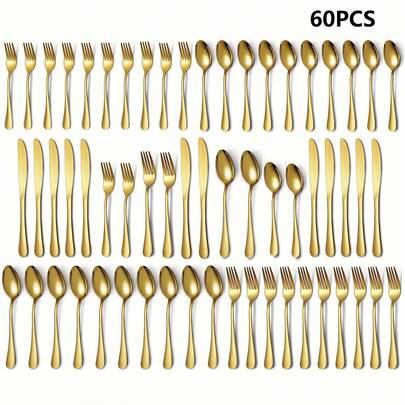 30/60-Piece Luxury Golden Flatware Set, Stainless Steel Cutlery For 6, Includes Dinner Spoons, Teaspoons, Dinner Forks, Salad Forks, Dinner Knives, Ideal For Home, Restaurant, Parties & Weddings