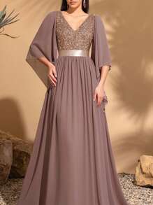 Damska wyszczuplająca sukienka formalna z dekoltem w serek, na bankiet, do organizacji przyjęć, na fotografię, do tańca, na imprezę, na wesele, na wieczorową suknię, na wesele