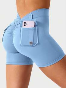 VOYJOY Workout Shorts With Pockets For Women V Back Scrunch High Waisted Shorts Charm Gym Yoga Biker Shorts - 淺藍 - 查看 5