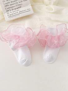 1 双女孩纯色荷叶边装饰可爱休闲短袜 - 粉色 - 查看 5