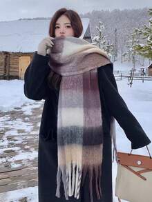1 chiếc khăn choàng cổ kẻ caro tua rua dày mềm mại cỡ lớn mới 2025 dành cho nữ, cỡ lớn và ấm áp, thích hợp mặc vào mùa thu/đông để mặc váy - Nhiều màu - Xem 10