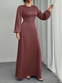 Women's Elegant Solid Round Neck Lantern Sleeve Slim Waist Dress, Modest Spring - Coffee Brown - View 4