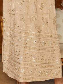 Elegant Women's Arabic Embroidered Beaded Golden Dress With Tassel Pompom Trim, V-Neck, 3/4 Sleeve, Fashionable And Graceful, Spring/Summer 2025. RAMADAN, Eid Al Adha (Not Positioned Printed, Random Cut), Modest Kaftan - Apricot - View 5