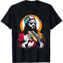 Jesus Eating Hot Dog - Funny Christian Religious Hot Dogs T-Shirt - Black - View 1