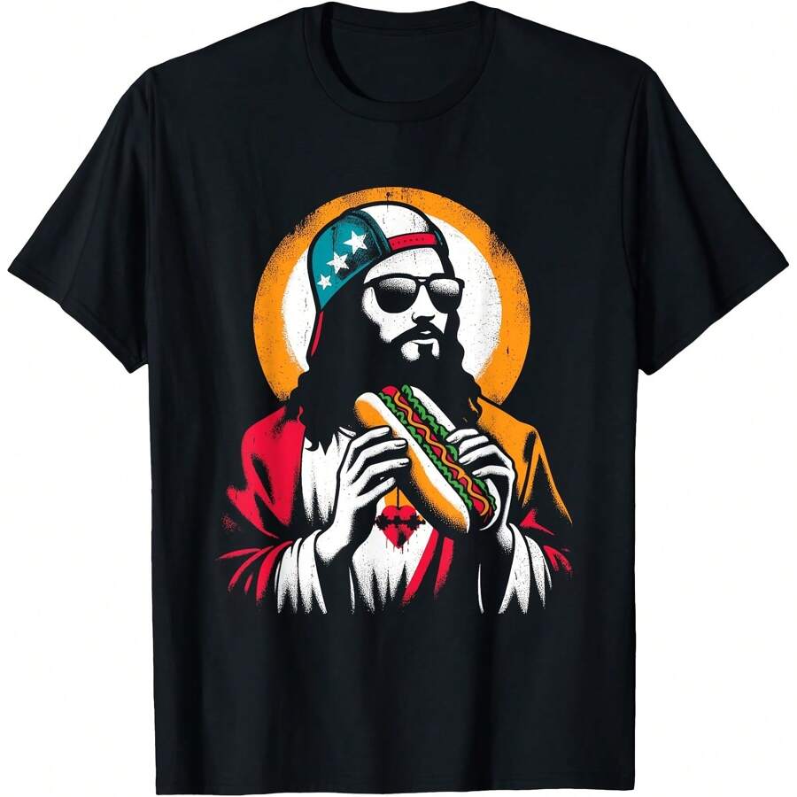 Jesus Eating Hot Dog - Funny Christian Religious Hot Dogs T-Shirt - Black - View 1