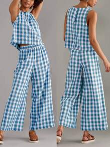 Women 2 Piece Outfits Cotton Gingham Pajama Set Y2K Plaid Sleeveless Top Wide Leg Pants Lounge Matching Set - Màu xanh lam - Xem 2