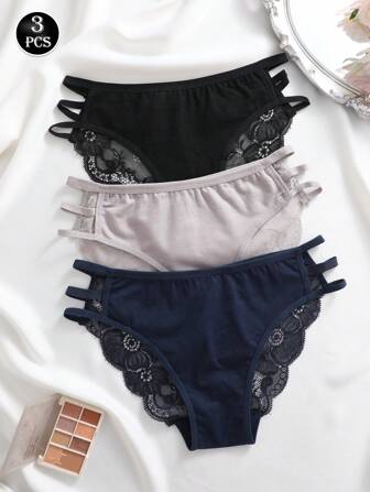 3pcs Set Solid Color Lace Patchwork Spaghetti Strap Hollow Triangle Panty, Sexy & Romantic Women Underwear
