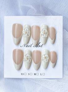 10 piezas de uñas francesas blancas y desnudas con forma de almendra, uñas postizas transparentes con flores 3D, manicura minimalista de moda, adecuadas para vacaciones y uso diario, gran regalo para mujeres y niñas, suministros de uñas hechos a mano - Blanco - Ver 5