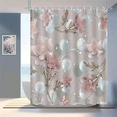 1pc Elegant Nordic Style 3D Floral Pattern Shower Curtain - High-End Waterproof & Anti-Fog Polyester Material, Pink & White Floral Design, Machine Washable, Includes Hooks - Bathroom Decor, Waterproof Shower Curtain, Autumn Bathroom Accessory, Back To School Essential