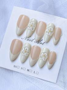 10 piezas de uñas francesas blancas y desnudas con forma de almendra, uñas postizas transparentes con flores 3D, manicura minimalista de moda, adecuadas para vacaciones y uso diario, gran regalo para mujeres y niñas, suministros de uñas hechos a mano - Blanco - Ver 8
