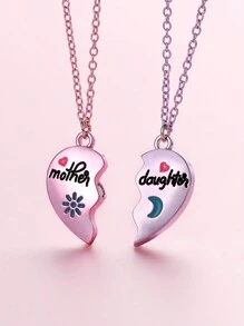 2 Stücke Set Mädchen Sonne, Mond, Herz geformte Zinklegierung "Mutter Tochter" Buchstaben Tropfen Öl Süß Magnetisch Halskette, Geschenkverpackung geeignet für Muttertag - Verschiedenfarbig - Übersicht 4