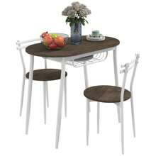 HOMCOM 3-Piece Dining Table And Chairs Set, Oval Kitchen Table With 2 Chairs, With Wire Storage Shelf And Steel Frame, Natural - Brown - View 2