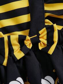 Monos de verano para niñas con estampado de abeja, mariquita, vaca y elefante, con dobladillo y mangas abullonadas y diadema - Amarillo - Ver 5