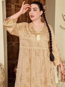 Elegant Women's Arabic Embroidered Beaded Golden Dress With Tassel Pompom Trim, V-Neck, 3/4 Sleeve, Fashionable And Graceful, Spring/Summer 2025. RAMADAN, Eid Al Adha (Not Positioned Printed, Random Cut), Modest Kaftan - Apricot - View 9
