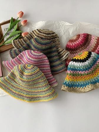 1pc Rainbow Striped Hat, Women's Outdoor Fisherman Hat, Straw Woven Striped Bucket Hat, Face Covering, New Fashion Sunhat, Small Head Circumference, Rainbow Crochet Straw Hat, Plus Size, Slimming