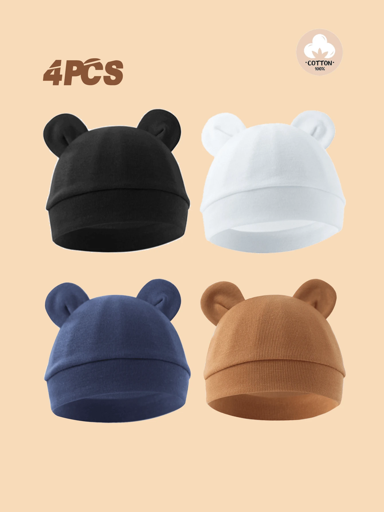 4pcs Newborn Infant Cotton Double-Ear Beanie Hat Set, Soft Knit, Simple, Breathable, Warm, Suitable For Newborn Baby Daily Wear To Head - Multicolor - View 1