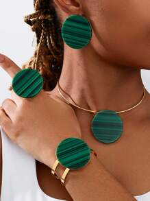 Asymmetric Circular Inlaid Acrylic Opening Bracelet And Ring, Simple Collar And Earring Set - Set - View 13