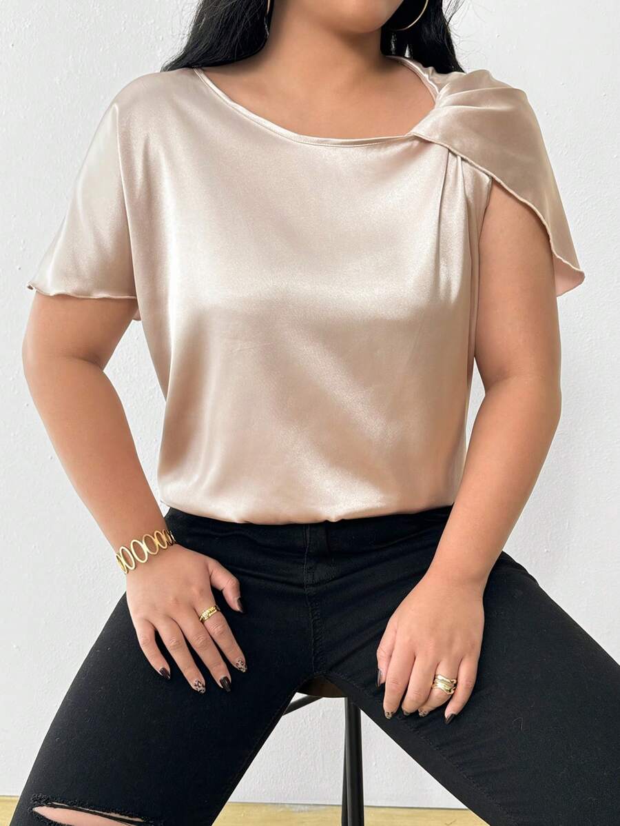 Plus Size Women's Solid Color Asymmetric Neck Twist Shoulder Shirt - Dusty Pink - View 1