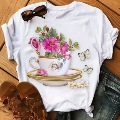 T-shirt blusa camiseta feminina estampa  Babylook  Xicara de flores