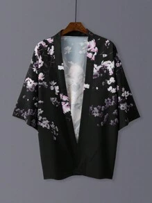 European And American Japanese Style Loose Fit Vintage Fox Print Spring/Summer Kimono/Robe/Haori Jacket, Unisex, Casual, Streetwear, Travel, Beach Cover-Up, Uniform For Group Performances - Black - View 2