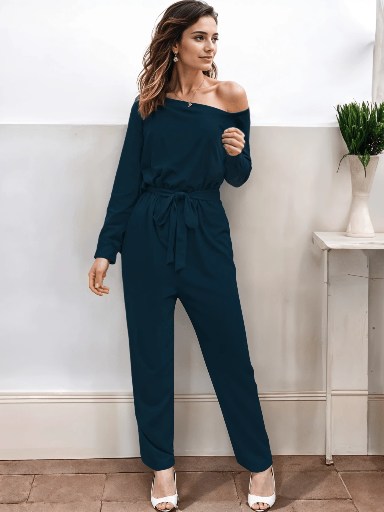 Women's Casual Long Sleeve Off Shoulder Wide Leg Jumpsuit With Adjustable Belt - Azul Petróleo - 查看 1