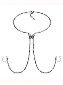 Fake Piercing With Chain Fake Nipple Ring For Women, Non Piercing Nipple Ring With Butterfly Necklaces Adjustable Ring Fake Ring Non Piercing Jewelry