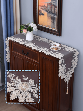 1pc Handmade Beaded Table Runner, Elegant High-End Tulle Embroidered Beaded Dustproof Heat Resistant Table Runner, Suitable For Dining Table, Coffee Table, Daily Home Decor And Wedding Party Holiday