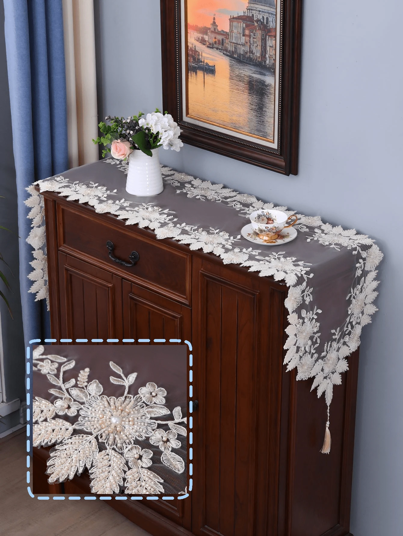 1 chiếc khăn trải bàn đính hạt thủ công, khăn trải bàn bằng vải tuyn cao cấp thanh lịch, chống bụi, chịu nhiệt, thích hợp cho bàn ăn, bàn cà phê, trang trí nhà cửa hàng ngày và tiệc cưới ngày lễ - Màu be - Xem 1