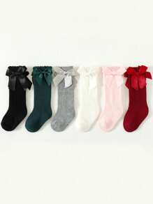 6 Pairs Girls & Toddler Girls' Bow Accent Solid Color Over-The-Knee Cotton Socks, School Style